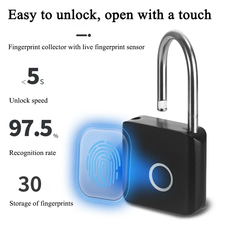 Portable Smart Fingerprint Padlock – USB Charging Waterproof Keyless Lock with 0.2s Unlock and Anti-Theft Design - Image 2
