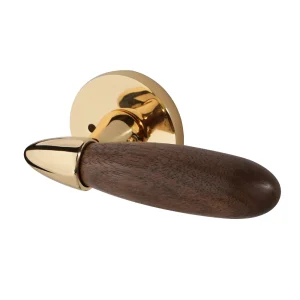 Zinc Alloy Interior Door Handle with Wooden Grip and Round Base – Reversible Privacy Lever Lock for Bedroom or Bathroom