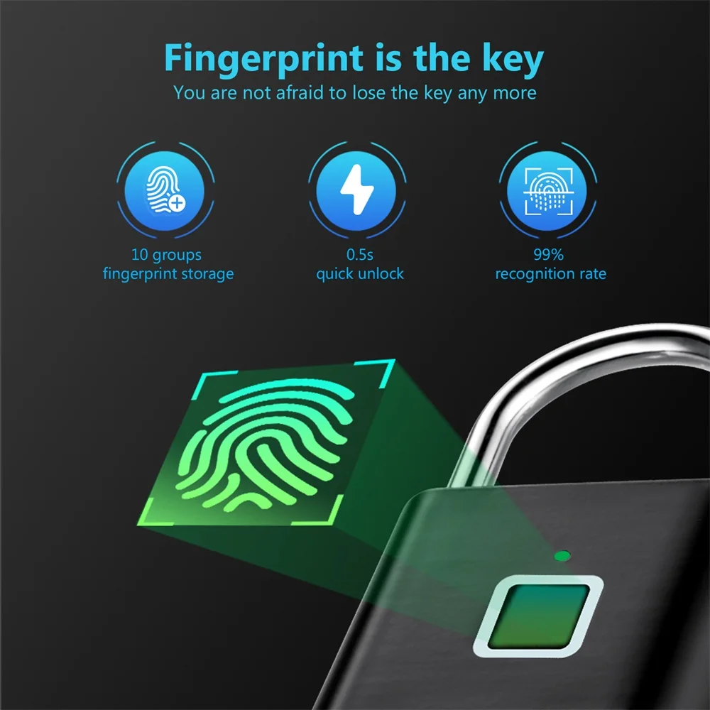 USB Rechargeable Fingerprint Padlock – Waterproof Smart Keyless Lock with 0.2s Unlock and Anti-Theft Protection - Image 6